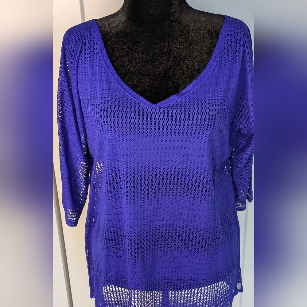 O’Neill M/L purple open knit beach coverup 3/4 sleeve V-neck pullover EUC - Picture 3 of 9